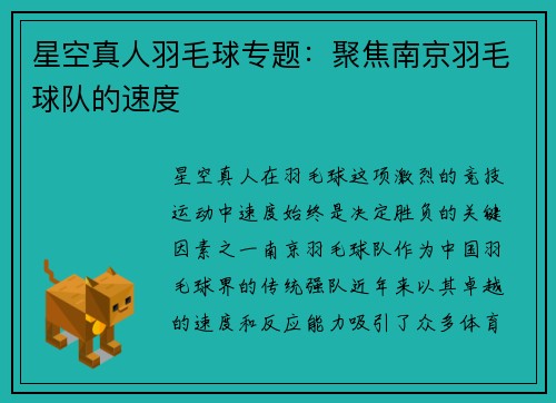 星空真人羽毛球专题：聚焦南京羽毛球队的速度