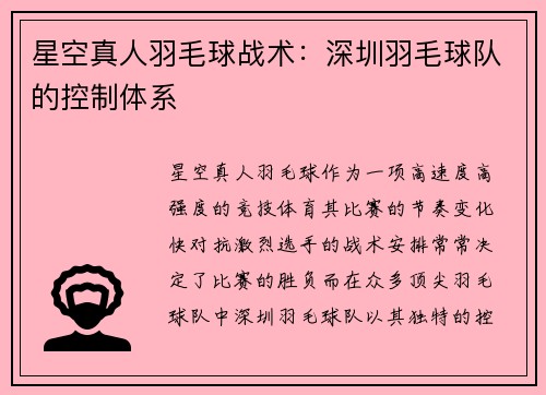 星空真人羽毛球战术：深圳羽毛球队的控制体系